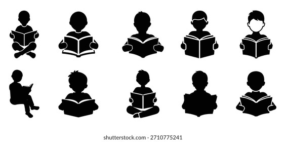 Niño leyendo un libro ilustración de silueta de Vector
