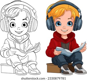 Boy reading book wearing headset illustration