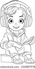 Boy reading a book and wearing headset doodle outline illustration