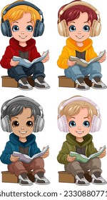 Niño leyendo un libro y usando ilustración de auriculares