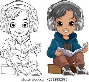 Boy reading a book and wearing headset illustration