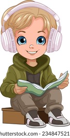 Boy reading a book and wearing headset illustration