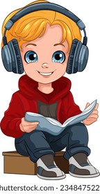 Niño leyendo un libro y usando ilustración de auriculares