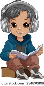 Junge, der ein Buch las und eine Headset-Illustration trug