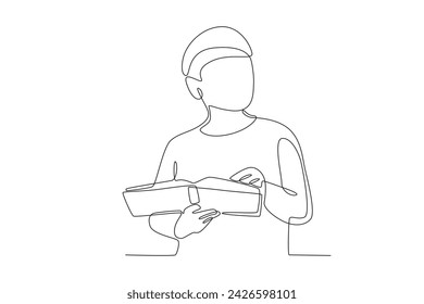 A boy is reading a book while imagining. Kids and books one-line drawing