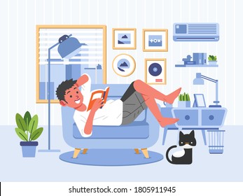 boy reading book while laying down on the couch in the living room vector illustration. used for poster, web image and other