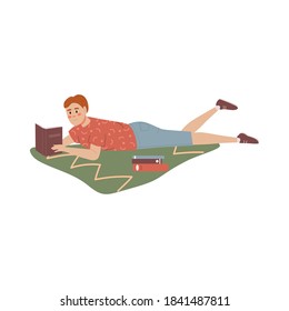 The boy is reading a book while lying on the floor. Reading people on a white background. Read more concept books. People go to read. Vector illustration