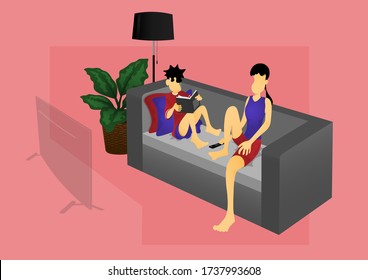 a boy reading book and a woman watching TV on sofa