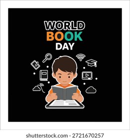 Menino lendo um livro com texto do Dia Mundial do Livro e ícones educacionais criança