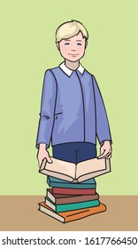 Boy reading the books, drawing of schoolboy with books on the table, vector
