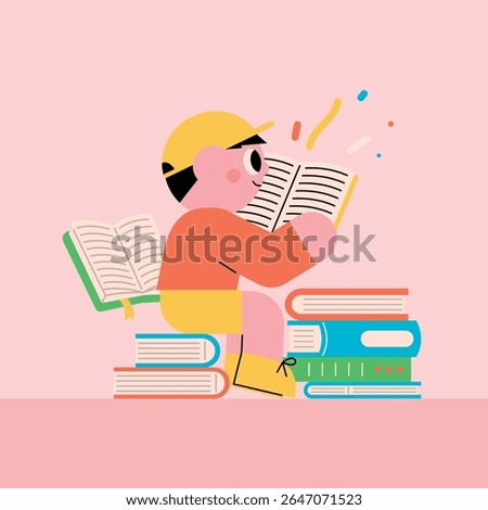 Boy Reading Books with Books Flying Around. 
Children's learning, education, reading