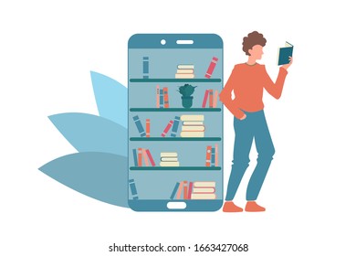 Boy reading books online from smartphones. Online library concept. E-learning vctor illustration.