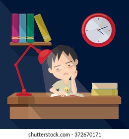 The Boy is reading a lot of books over night.Character design.