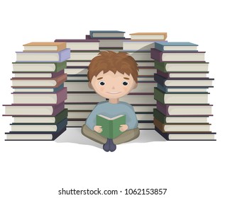 Boy reading a bunch of books Vector. knowledge symbols