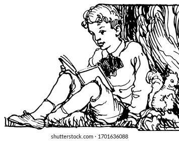 Boy Reading by a Tree, summer,  vintage engraving.