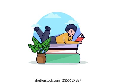 El chico está leyendo el concepto con la escena de la gente en el diseño de dibujos planos. Diseño que retrata a un niño leyendo alegremente en un mundo creativamente ilustrado. Ilustración vectorial.