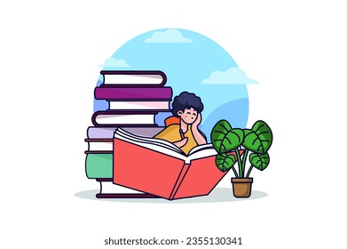 Boy is reading concept with people scene in the flat cartoon design. A boy immersed in reading within a charming flat environment. Vector illustration.
