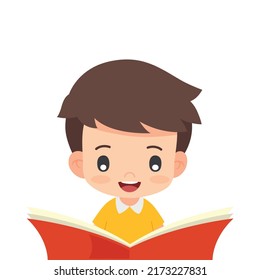 Boy reading education book isolated on white background. Child character concept. Education concept. Vector stock