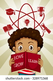 Boy reading and educational symbols illustration