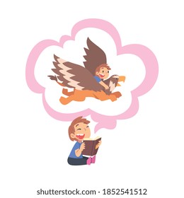 Boy Reading Fairy Tail Fantasy Book about Griffin, Kids Imagination Concept, Fairy Tales, Stories, Discoveries Cartoon Style Vector Illustration