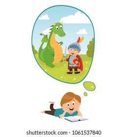the boy is reading a fairy tale book. education and training. The brave knight fights with the terrible dragon. fantasy, characters, vector