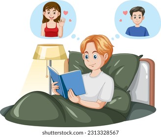 A boy reading fiction love story book illustration