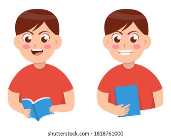 boy reading and handle a book, cartoon vector illustration