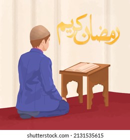 Boy reading the Holy Quran, Ramadan Kareem is written on the background