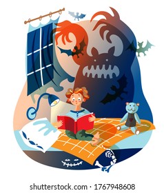 El chico está leyendo un libro de terror. El niño se sienta en la cama en el dormitorio de los niños. Silhouette de miedo fantasma asusta a niño, monstruo bajo la cama. Dibujo vectorial de literatura infantil, imaginación atemorizada