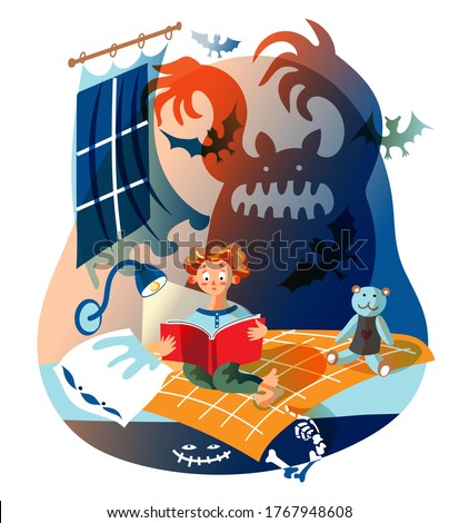 Boy is reading horror book. Kid sits on bed in children's bedroom. Silhouette of scary ghost scares child, monster under bed. Vector character illustration of child literature, frightened imagination