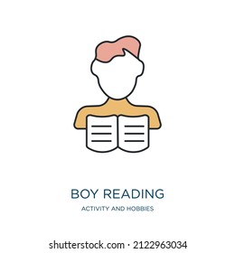 boy reading icon from activity and hobbies collection. Thin outline boy reading, education, book detailed offset lineal color icon isolated on white background. Line vector boy reading sign, symbol 