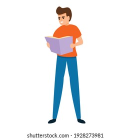 Junge liest Symbol. Cartoon, der Vektorsymbol für Webdesign liest, einzeln auf weißem Hintergrund