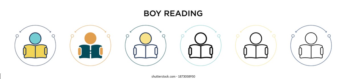 Icono de lectura del niño en línea rellena, delgada, contorno y estilo de trazo. Ilustración vectorial de dos niños de color y negro leyendo diseños de iconos vectoriales se puede usar para móviles, ui, web