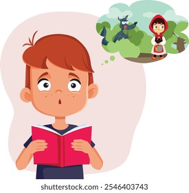 
Niño leyendo pequeña historia de Caperucita Roja Vector de dibujos animados. Niño que se siente traumatizado por los niños de cuento de hadas 
