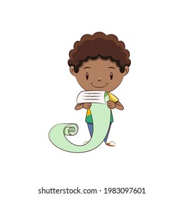 Boy reading long list, happy cute child