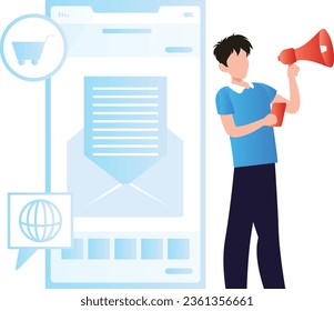 Boy reading mail through megaphone.