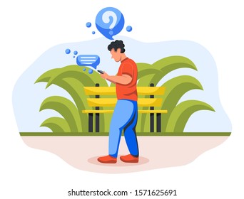 Boy reading message on smartphone in his hand. Flat vector illustration