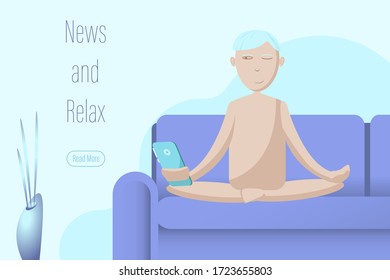Boy reading news from device and meditation same time