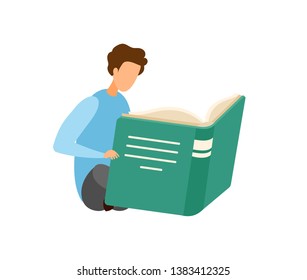 Boy Reading Novel Cartoon Vector Illustration. Schoolboy Preparing for School Class, Exam Flat Character. Teenager Holding Modern Literature Club. Bookstore, Festival. Classic Hobby, Pastime