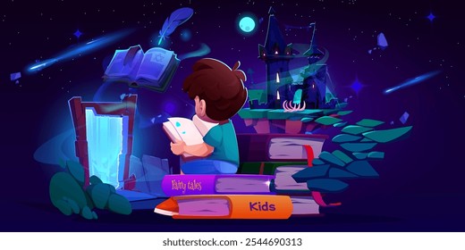 Boy reading open magical tale book and imagine misty medieval castle float on island in starry night sky, glowing portal and flying road to palace. Stack of children fairytales and fantasy literature.