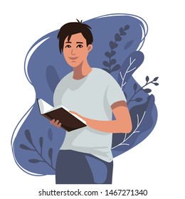 Boy reading opened book in his hands. Education, modern abstract leaves background. Concept illustration studying, self education. Young student character. trendy Vector cartoon illustration