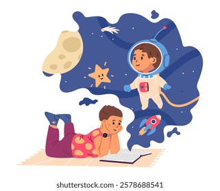 Boy reading paper story book about space flat vector illustration isolated on white.