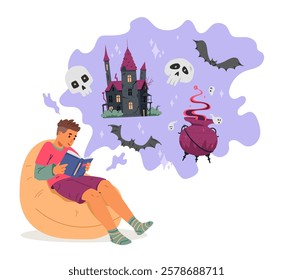 Boy reading paper story book about magical adventures flat vector illustration isolated on white.Teen boy reading fantasy book.