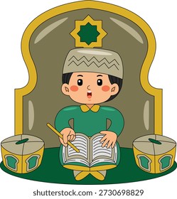 Niño leyendo el Corán en la Ilustración vectorial de la mezquita