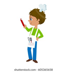 Boy Reading A Recipe, Cute Kid In Chief Toque Hat Cooking Food Vector Illustration