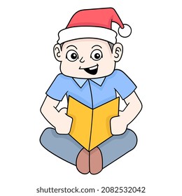 boy is reading a story book while celebrating christmas, vector illustration art. doodle icon image kawaii.