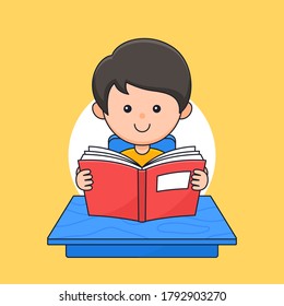 boy reading and studying on the classroom table vector outline cartoon style illustration