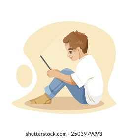 Boy reading tablet while sitting on the floor. Vector illustration