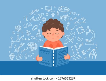 Boy reading textbook. Child with book and education stem doodle. Vector illustration.