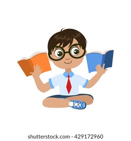 Boy Reading Two Books At The Same Time Colorful Simple Design Vector Drawing Isolated On White Background